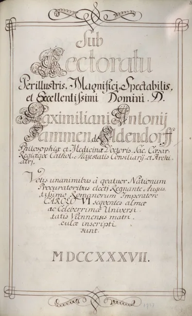 Rektorenblatt von Maximilian Anton Tammen von Oldendorf (Rektor 1736/37)