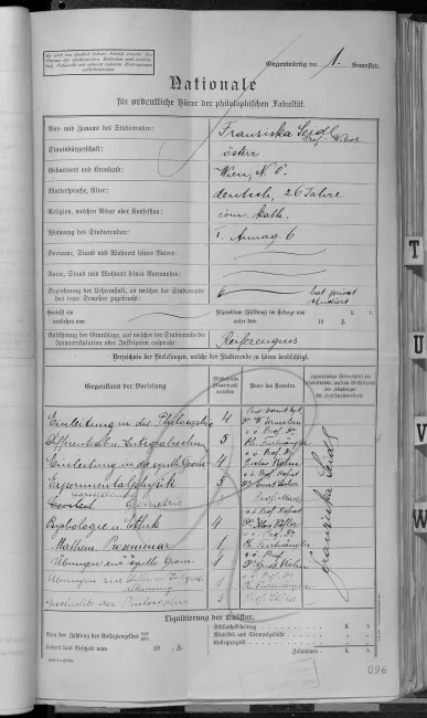 Nationale (Inskriptionsblatt) von Franziska Seidl, Wintersemester 1918/19