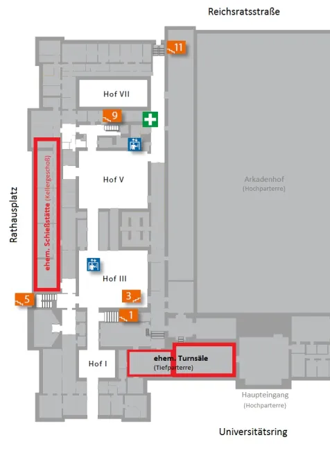 Planskizze: ehemaliger Standort der Schießstätte und der Turnsäle im Hauptgebäude der Universität Wien
