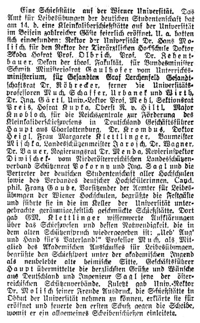 „Eine Schießstätte auf der Wiener Universität“, Zeitungsartikel in „Reichspost“ vom 15. Jänner 1927