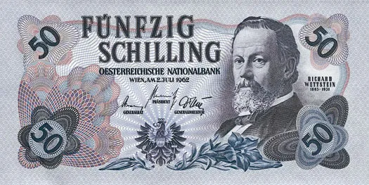 Richard Wettstein auf der Vorderseite der 50 Schilling-Note (1962)