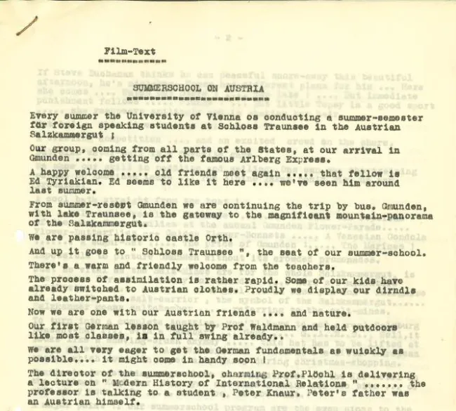 Filmdrehbuch „Summer School on Austria“ 1950