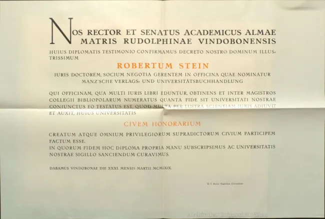 Robert Stein, Ehrenbürgerdiplom, 1969