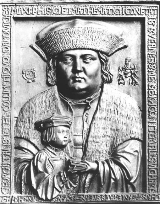 Bildnisrelief von Georg Tannstetter (1482–1535), Astronomie, Astrologie und Mathematik, mit Sohn Christian, Holzrelief 1521…