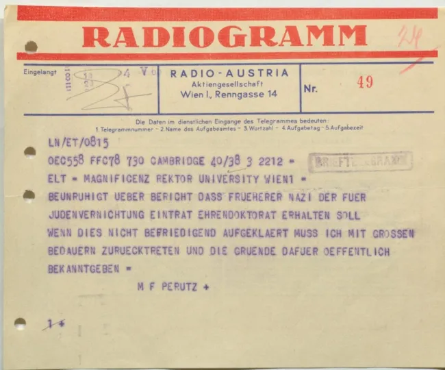 Telegramm von Max Ferdinand Perutz an Rektor Karl Fellinger, 4. Mai 1965