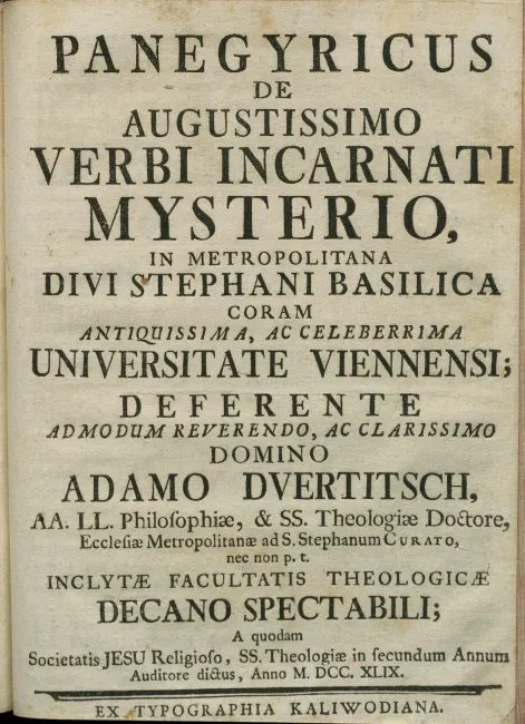 Titelblatt des 'Panegyricus De Augustissimo Verbi Incarnati Mysterio in Metropolitana Divi Stephani Basilica Coram Antiquiss…