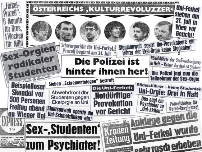 Schlagzeilen zur Aktion „Kunst und Revolution“ in österreichischen Tageszeitungen