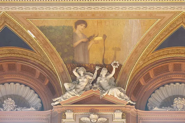 Zwickelbild „Heilkunde“, Detailansicht des Deckengemäldes im großen Festsaal im Hauptgebäude der Universität Wien