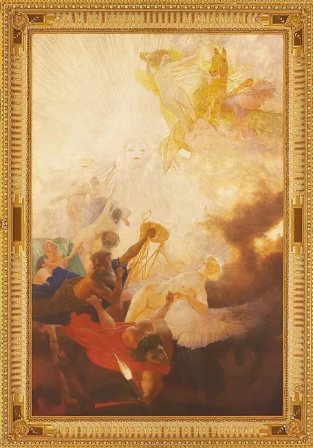 „Triumph des Lichtes über die Finsternis“ (1905), zentrales Deckengemälde von Franz Matsch im großen Festsaal der Universitä…