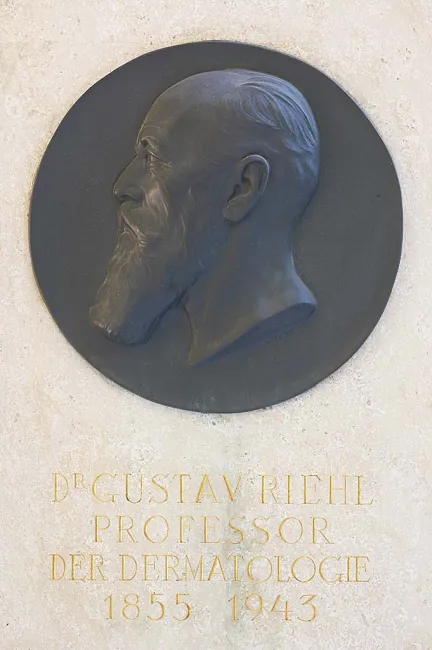 Denkmal (Reliefmedaillon) für Gustav Riehl sen. (gestaltet von Arnold Hartig) im Arkadenhof der Universität Wien, gestaltet…