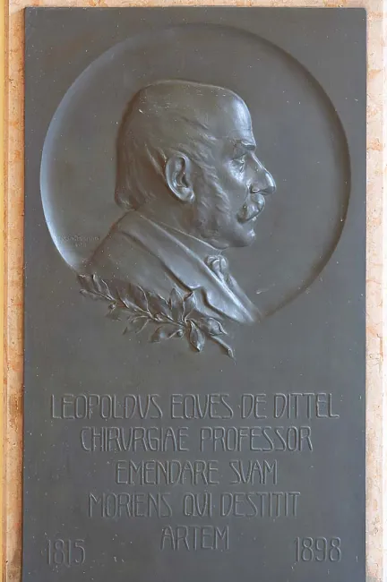 Denkmal für Leopold Ritter von Dittel (1815–1898) im Arkadenhof der Universität Wien, gestaltet von Rudolf Bachmann, angebra…