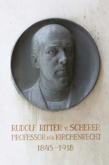 Denkmal (Porträtrelief) für Rudolf Ritter von Scherer im Arkadenhof der Universität Wien, gestaltet von Arnold Hartig, enthü…