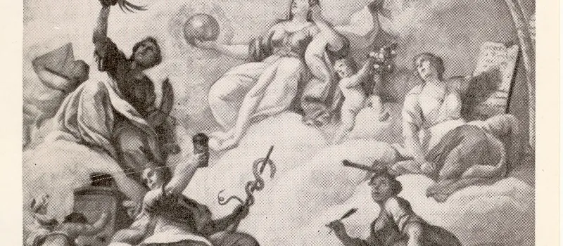 Allegorie der profanen Wissenschaften, Ausschnitt aus dem Deckenfresko des Bibliothekssaales des Akademischen Kolleg (1734),…