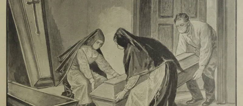 Einsargung der an der Pest verstorbenen Albine Pecha. Illustration aus Das interessante Blatt, 03.11.1898, S. 5